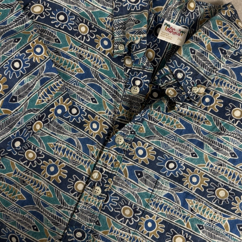 VTG 90's Go Barefoot Hawaiian Shirt Mens 2XL Blue Green Fish Sun Resort USA